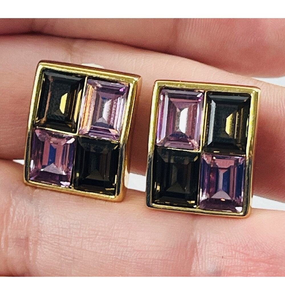 Swarovski Clip Earrings Gold tone square Purple Smokey Brown Amethyst Look Block